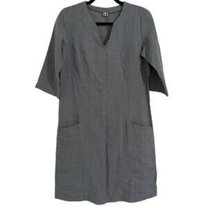 Lenok Len Ok 3/4 Sleeve 100% Linen Blue Tunic V Neck Dress w Pockets Size XS